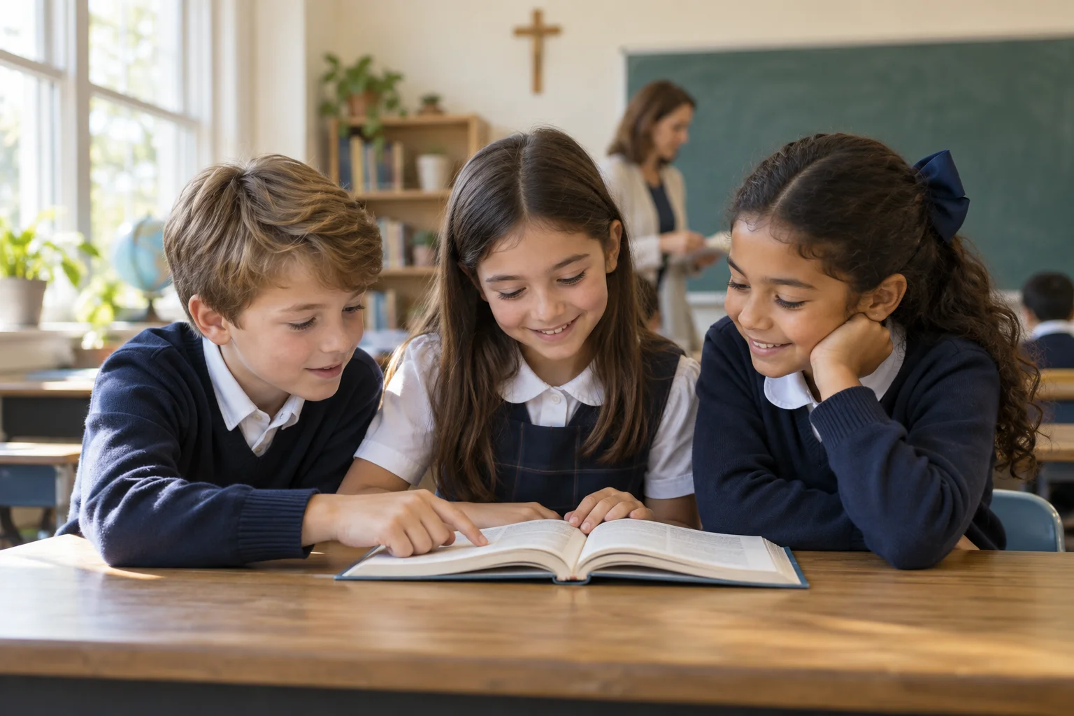 Students reading together in a Catholic school classroom